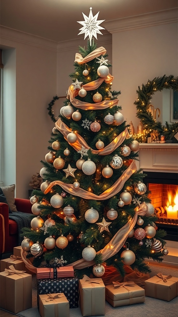 A classy Christmas tree decorated with gold and silver ornaments, lights, and a star topper in a cozy living room.